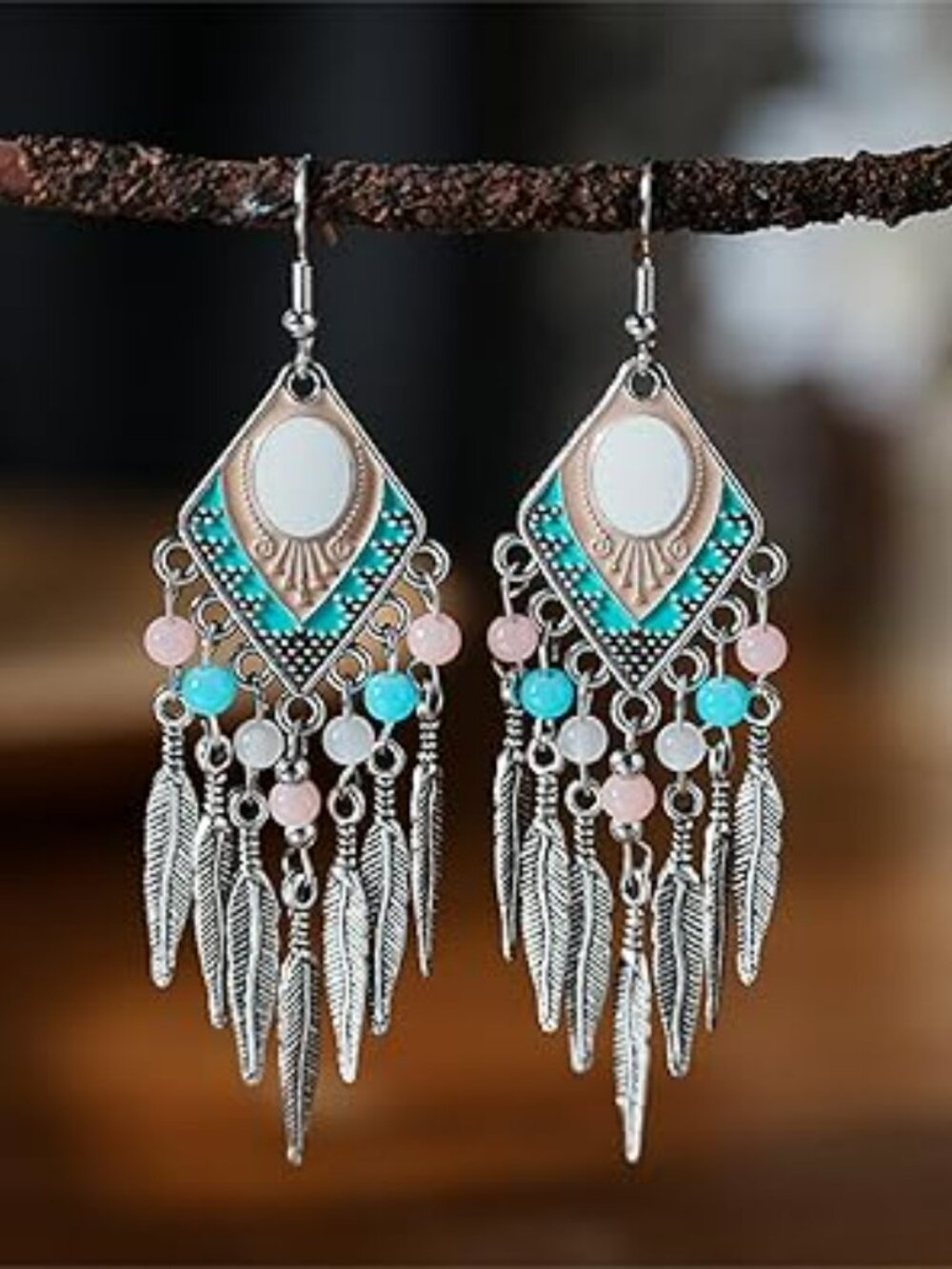 NEW Turquoise Dream Catcher Feather Earrings Bohemian Western Boho Trendy - Picture 2 of 4